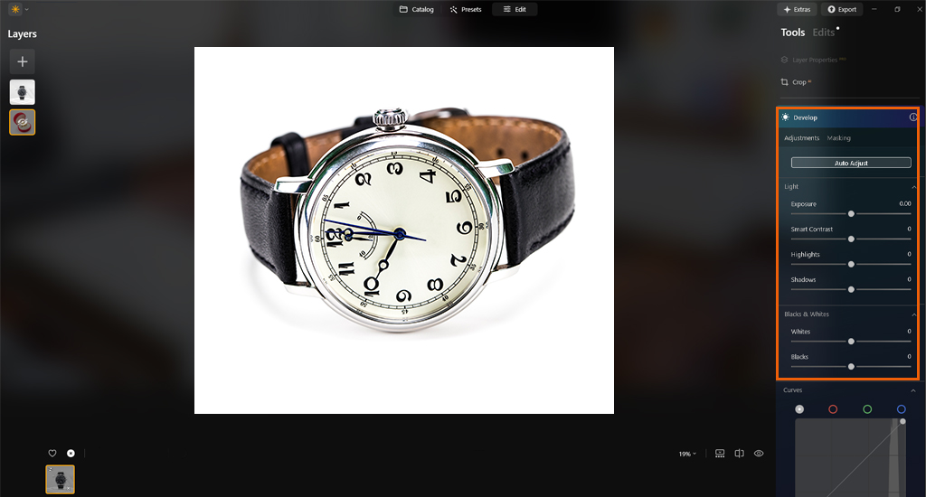 Adjust the Brightness Level in luminar neo | retouching zone, product photo editing service