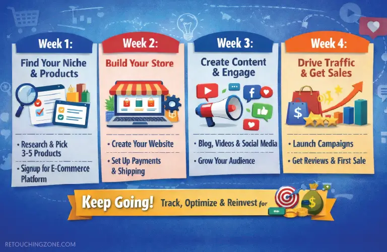 How to Start an Ecommerce Business Without Money in 2026: From $0 to First Sale Jump Start with This 4-Week Action Plan