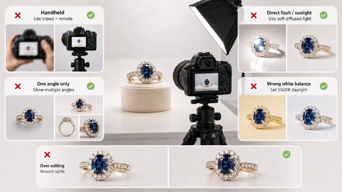 Jewelry Photography Lighting and Editing Guide for Etsy and Shopify Sellers 2026 Common Jewelry Photography Mistakes to Avoid
